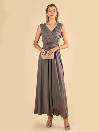 Plunge V Neck Draped Maxi Dress, Grey