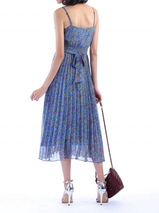 Jolie Moi Strappy Berry Print Pleated Dress, Blue Floral