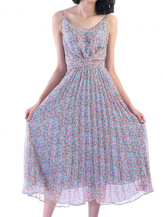 Jolie Moi Strappy Small Floral Print Pleated Dress, Aqua Floral