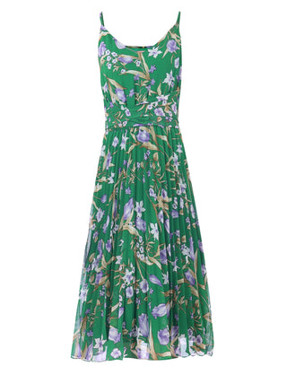 Strappy Floral Pleated Midi Dress, Green Floral