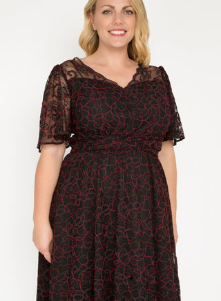 J by Jolie Moi Flare Sleeve Belted Lace Dress, Red Multi