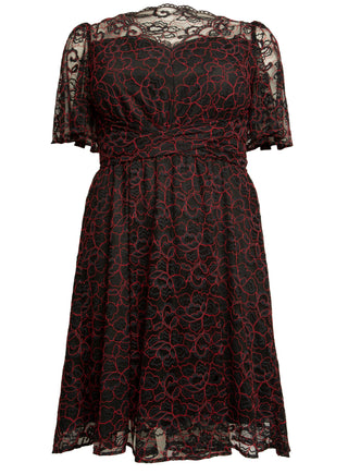J by Jolie Moi Flare Sleeve Belted Lace Dress, Red Multi
