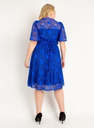 Plus Size Flare Sleeve Belted Lace Dress, Royal Blue