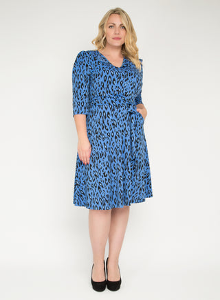 J by Jolie Moi Revers Collar Midi Dress, Blue Leopard