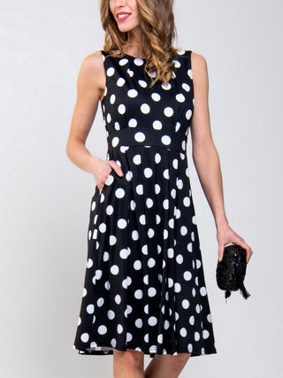 Spotty Printed Round Neck Jersey Dress, Black Spot