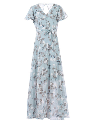 Flare Sleeve Chiffon Maxi Dress, Grey Floral