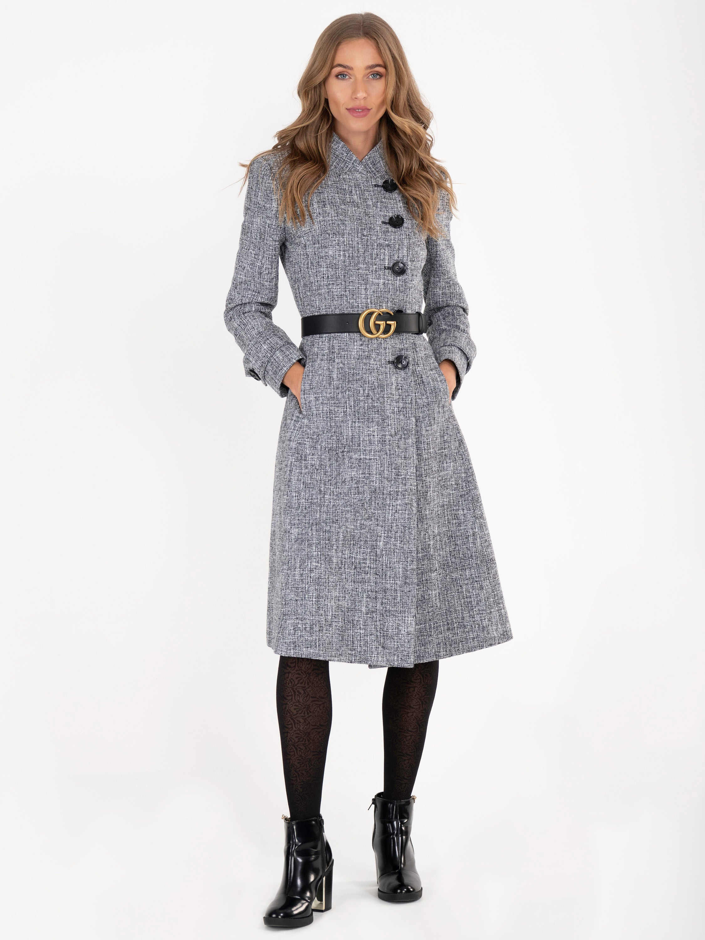 Jolie Moi Textured Longline Asymmetric Button Coat, Grey