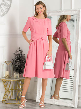 Beckie Fold Over Detail Flared Dress, Coral Pink, Elbow Length Sleeve, Fit & Flare, Plain, Midi Dress,Fold-over Neckline, Front Image