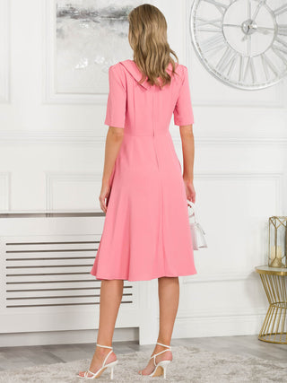 Beckie Fold Over Detail Flared Dress, Coral Pink, Elbow Length Sleeve, Fit & Flare, Plain, Midi Dress,Fold-over Neckline, Bckzip Fastening, Backside