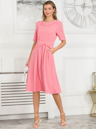 Beckie Fold Over Detail Flared Dress, Coral Pink, Elbow Length Sleeve, Fit & Flare, Plain, Midi Dress,Fold-over Neckline, Two Funtional Pockets