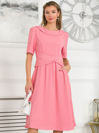 Beckie Fold Over Detail Flared Dress, Coral Pink, Elbow Length Sleeve, Fit & Flare, Plain, Midi Dress,Fold-over Neckline, Two Funtional Pockets, Close Up Image
