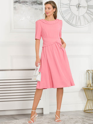 Beckie Fold Over Detail Flared Dress, Coral Pink, Elbow Length Sleeve, Fit & Flare, Plain, Midi Dress,Fold-over Neckline, Two Funtional Pockets, Front Image