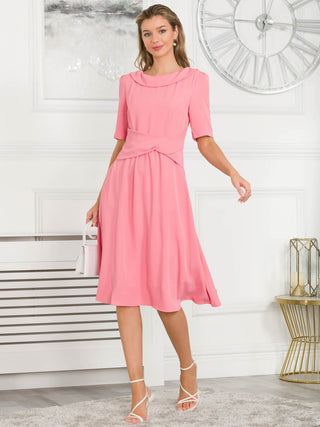 Beckie Fold Over Detail Flared Dress, Coral Pink, Elbow Length Sleeve, Fit & Flare, Plain, Midi Dress,Fold-over Neckline, Two Funtional Pockets, Front Side
