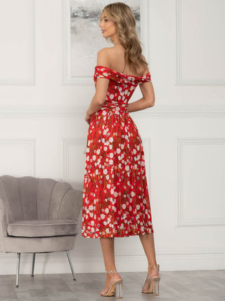 Kiara Bardot Neck Mesh Dress, Red Floral