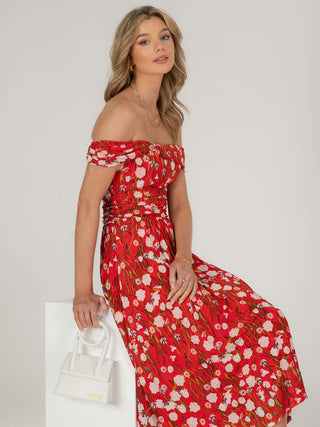 Kiara Bardot Neck Mesh Dress, Red Floral
