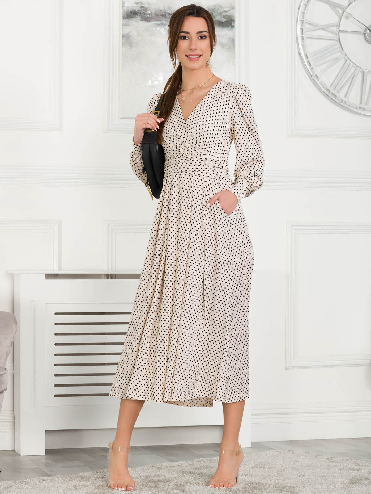 Jolie Moi Allyn Long Sleeved Maxi Dress, Cream Polka Dot – Jolie