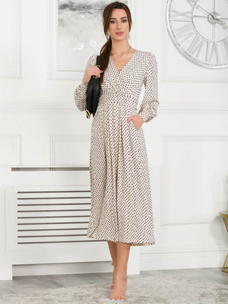 Jolie Moi Allyn Long Sleeved Maxi Dress, Cream Polka Dot