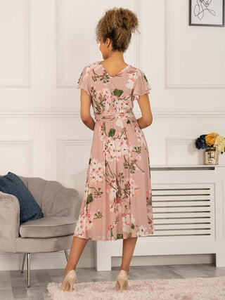 pink dress, midi dress, mesh dress, wedding guest dress, midi dress uk, floral print, floral printed dress