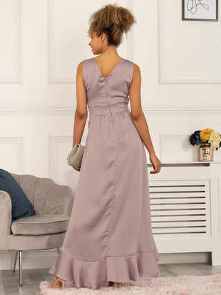 maxi dress, maxi dress uk, purple dress, mauve dress, frilly dress, wedding guest dress, wrap dress