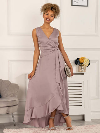 maxi dress, maxi dress uk, purple dress, mauve dress, frilly dress, wedding guest dress, wrap dress