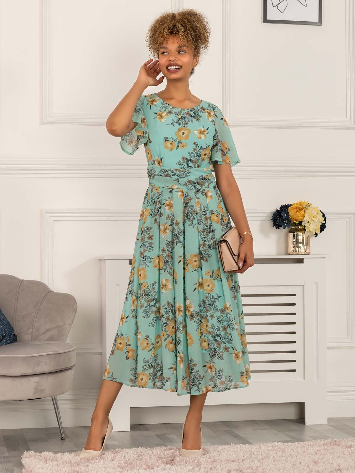 Buy Women's Dark Green BSY Polyester Floral Print Gathered Dresses