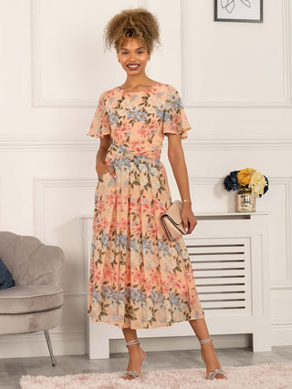 Reagan Floral Print Chiffon Dress, Pink Jolie Moi Retail Reagan Floral Print Chiffon Dress, Pink Jolie Moi Retail