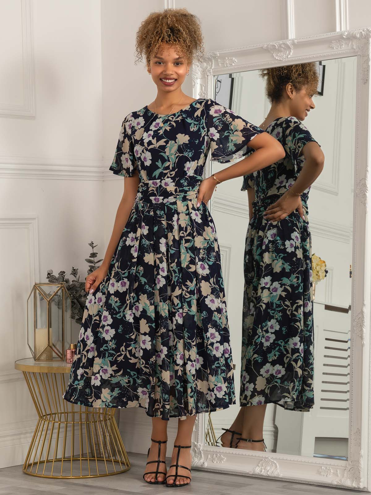 Nadine Floral Print Chiffon Dress Navy Jolie Moi Retail