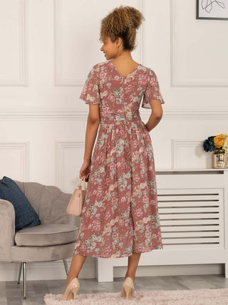 mauve dress wedding guest Nadine Floral Print Chiffon Dress, Mauve – Jolie Moi Retail