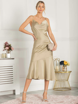 Jolie Moi Alaysha Cowl Neck Satin Dress, Light Olive