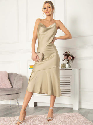 Jolie Moi Alaysha Cowl Neck Satin Dress, Light Olive