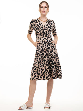 midi dress, midi, dress, dresses, neutral, colour, brown, beige, animal print, print, printed, leopard, pattern