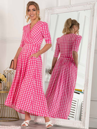 Jolie Moi Elenora Ruched Sleeve Maxi Dress, Pink Pattern