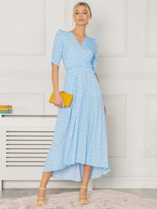 Jolie Moi Elenora Ruched Sleeve Maxi Dress, Blue Floral