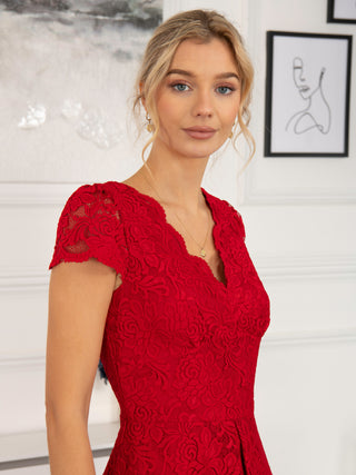 Cap Sleeve Lace Prom Dress, Red