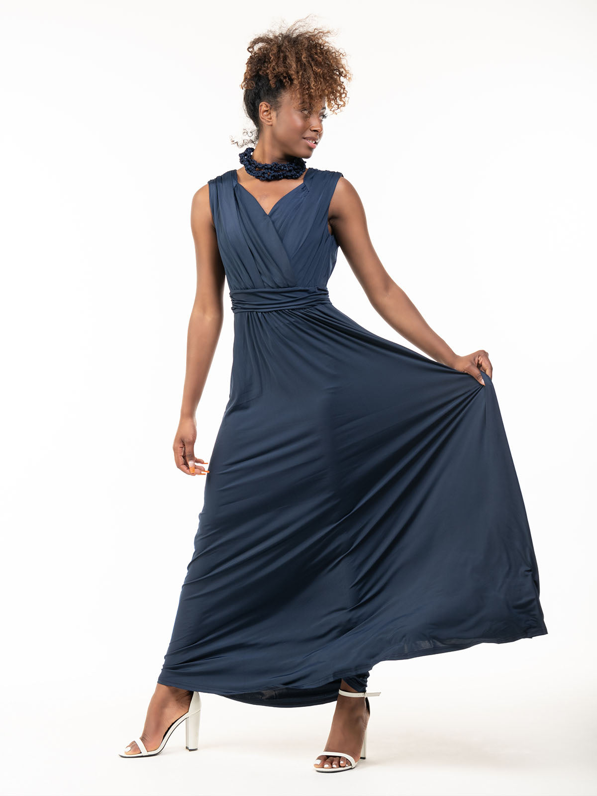 Plunge V Neck Draped Maxi Dress Navy Jolie Moi Retail