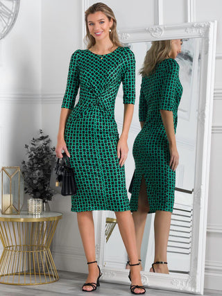Qyara Jersey Twist Bodycon Midi Dress, Green Geometric
