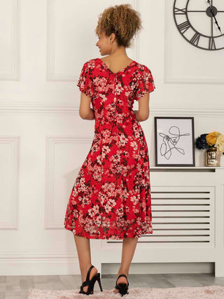 Colette Fit & Flare Mesh Dress, Red Floral Jolie Moi Retail Colette Fit & Flare Mesh Dress, Red Floral Jolie Moi Retail