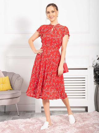 Jolie Moi Luella Floral Print Mesh Dress, Red Floral