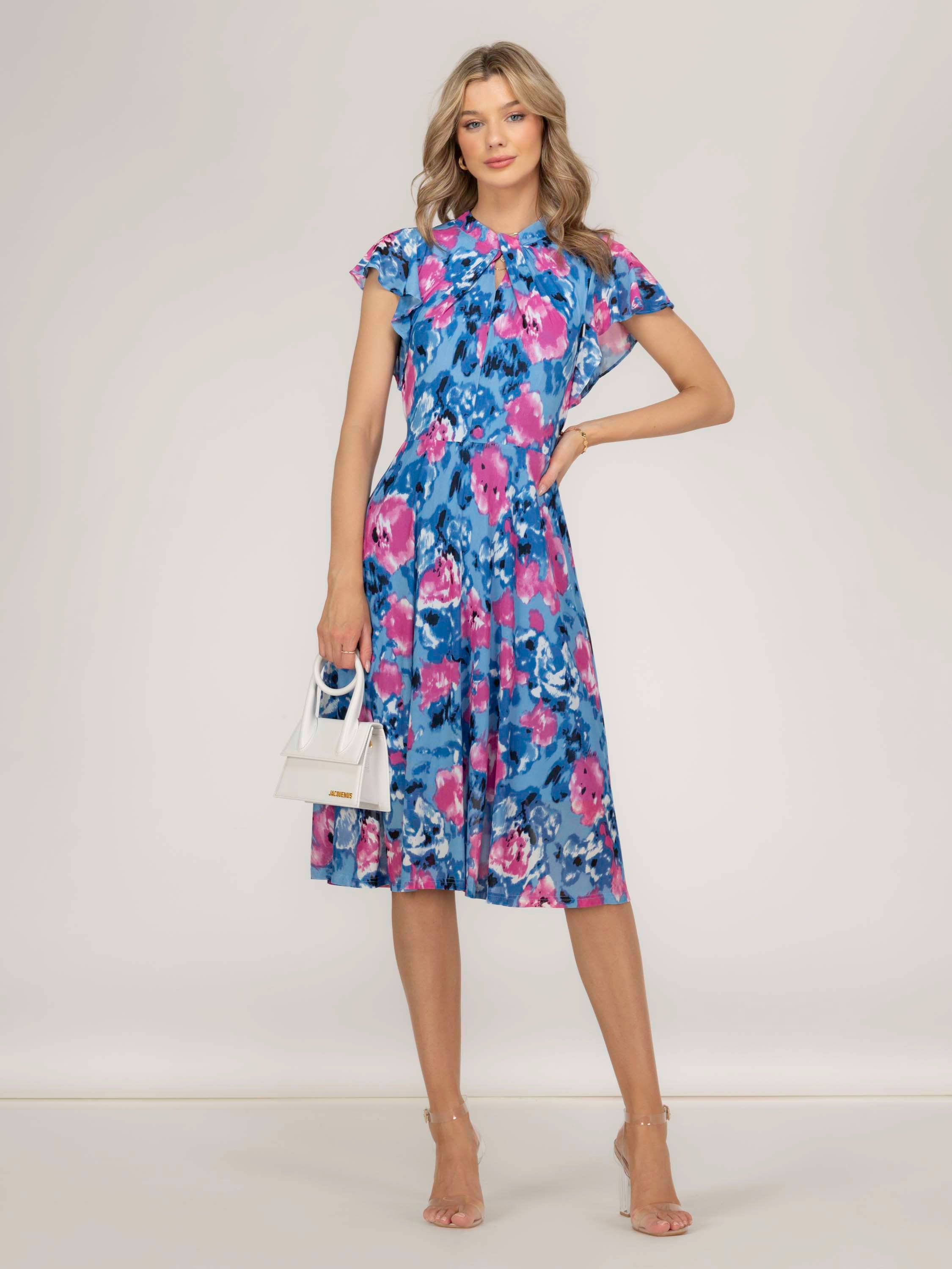 Luella Floral Print Mesh Dress Blue Abstract