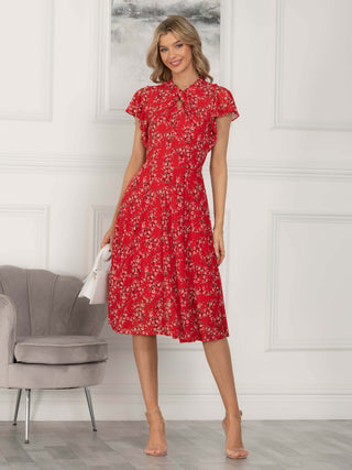 Jolie Moi Luella Floral Print Mesh Dress, Red Floral