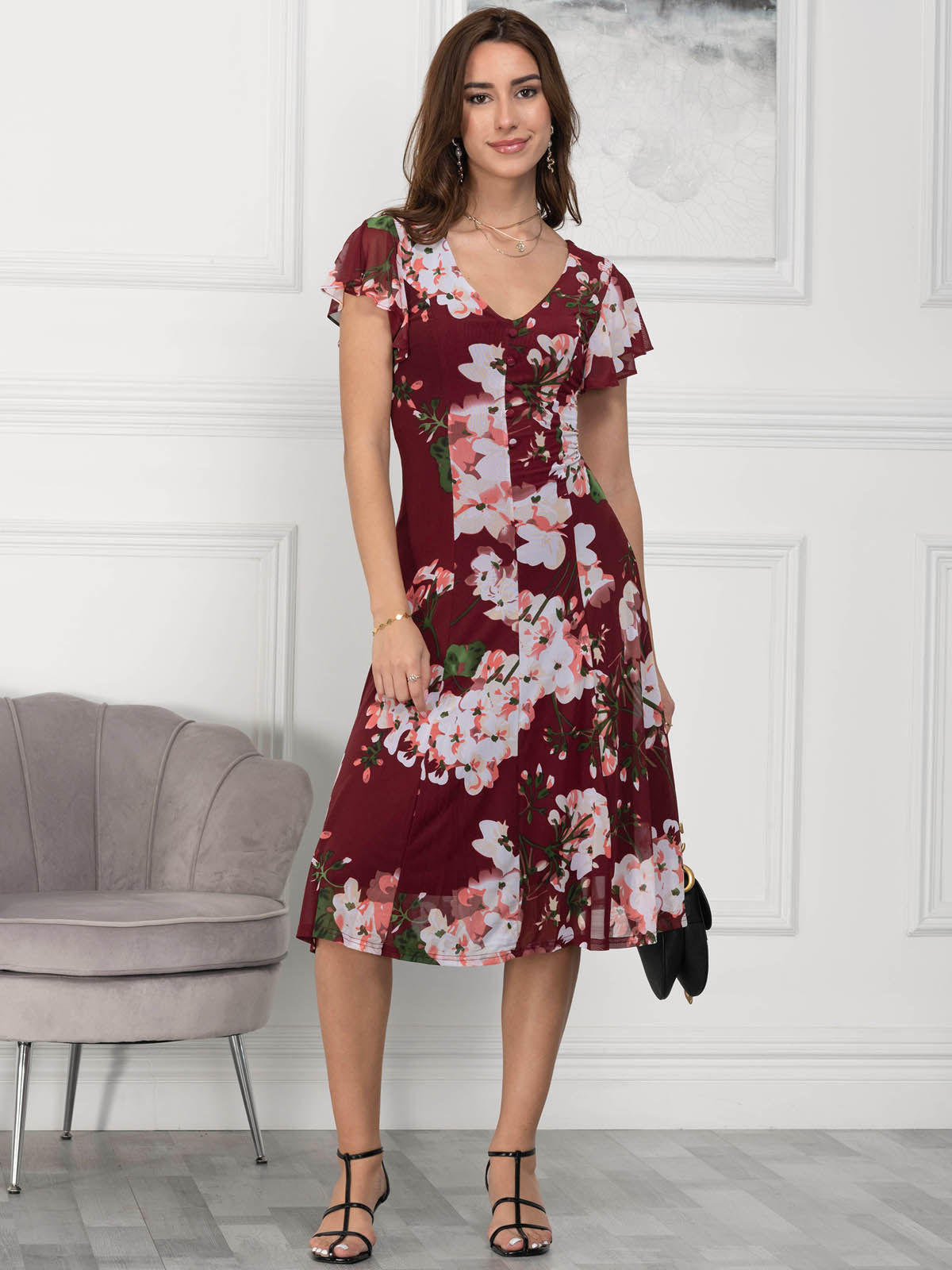 Jolie Moi Acela Floral Print Mesh Dress Wine Floral Jolie Moi Retail