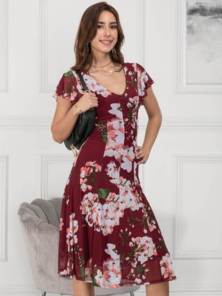 Jolie Moi Acela Floral Print Mesh Dress, Wine Floral