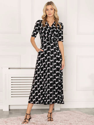 Jolie Moi Akayla Printed Jersey Maxi Dress, Black Geo, Elasticated Waist, Fit&Flare, Short Sleeves, Wrap-over Front, V-neckline, 2 Side pockets