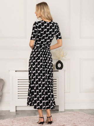 Jolie Moi Akayla Printed Jersey Maxi Dress, Black Geo, Elasticated Waist, Fit&Flare, Short Sleeves, Wrap-over 