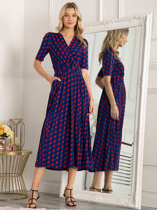 Jolie Moi Akayla Printed Jersey Maxi Dress, Blue Polka, Front Image