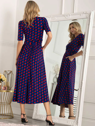 Jolie Moi Akayla Printed Jersey Maxi Dress, Blue Polka, Ruched Waistband, Fit&Flare, Short Sleeves, Wrap-over style,  V-neckline