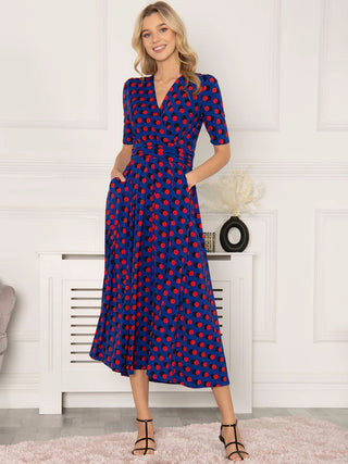 Jolie Moi Akayla Printed Jersey Maxi Dress, Blue Polka, Ruched Waistband, Fit&Flare, Short Sleeves, Wrap-over Front, V-neckline, Front Image