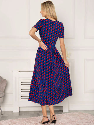Jolie Moi Akayla Printed Jersey Maxi Dress, Blue Polka, Ruched Waistband, Fit&Flare, Short Sleeves, Wrap Dress, Back Side