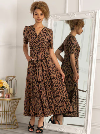 Jolie Moi Akayla Printed Jersey Maxi Dress, Brown Animal, Short Sleeves, Wrap-over Front, V-neckline, Ruched Elasticated Waistband, Front Side