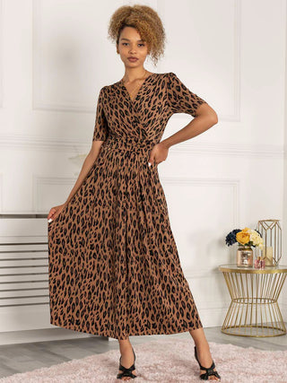 Jolie Moi Akayla Printed Jersey Maxi Dress, Brown Animal, Short Sleeves, Wrap-over Front, V-neckline, Ruched Elasticated Waistband